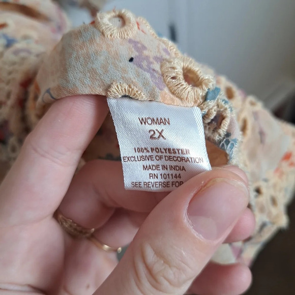 db Cream Orange Floral 3/4 Sleeve Crochet Scalloped Hem Sheer Fairy Top Sz 2X - Picture 5 of 6